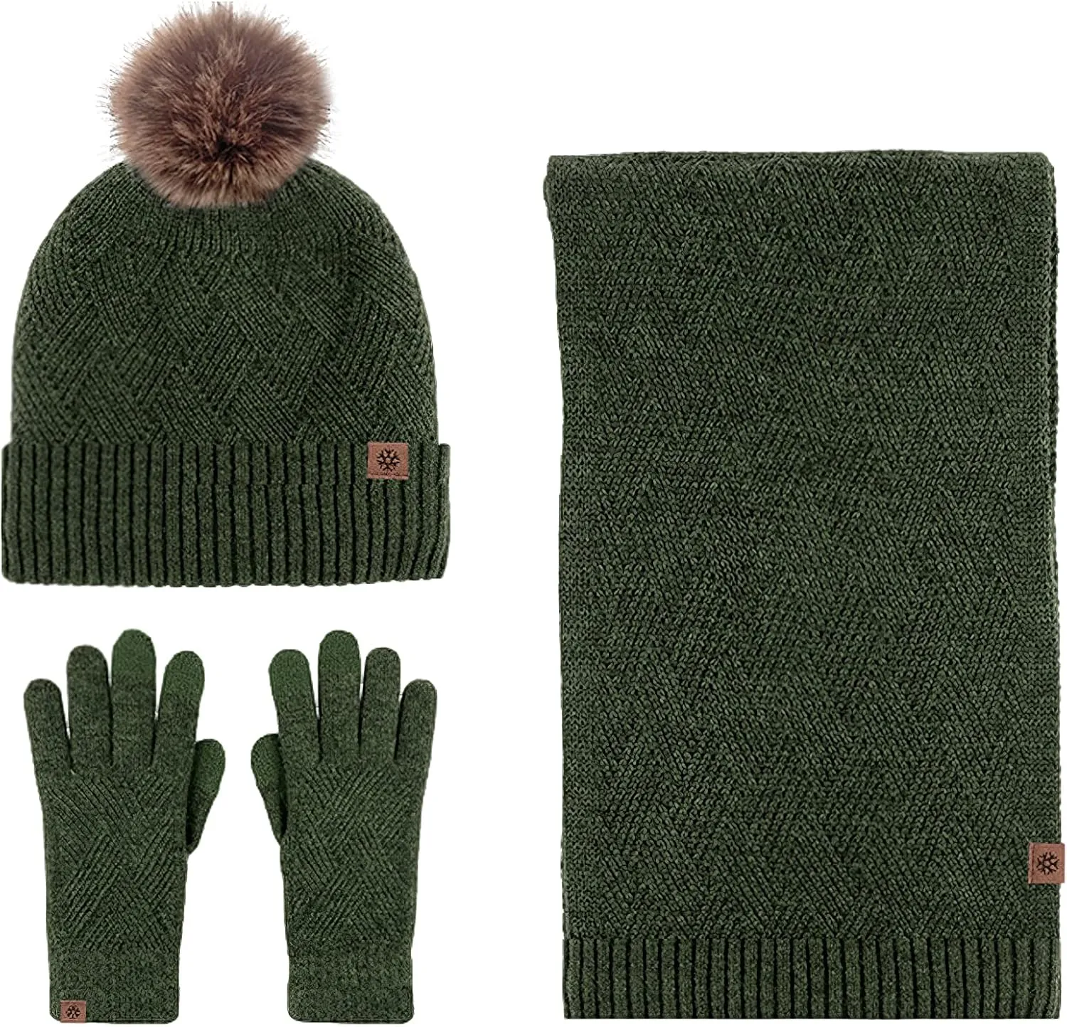 3pcs Winter Warm Set Knitted Wool Blend Beanies Pompom Hat Long Scarf Touchscreen Gloves Windproof
