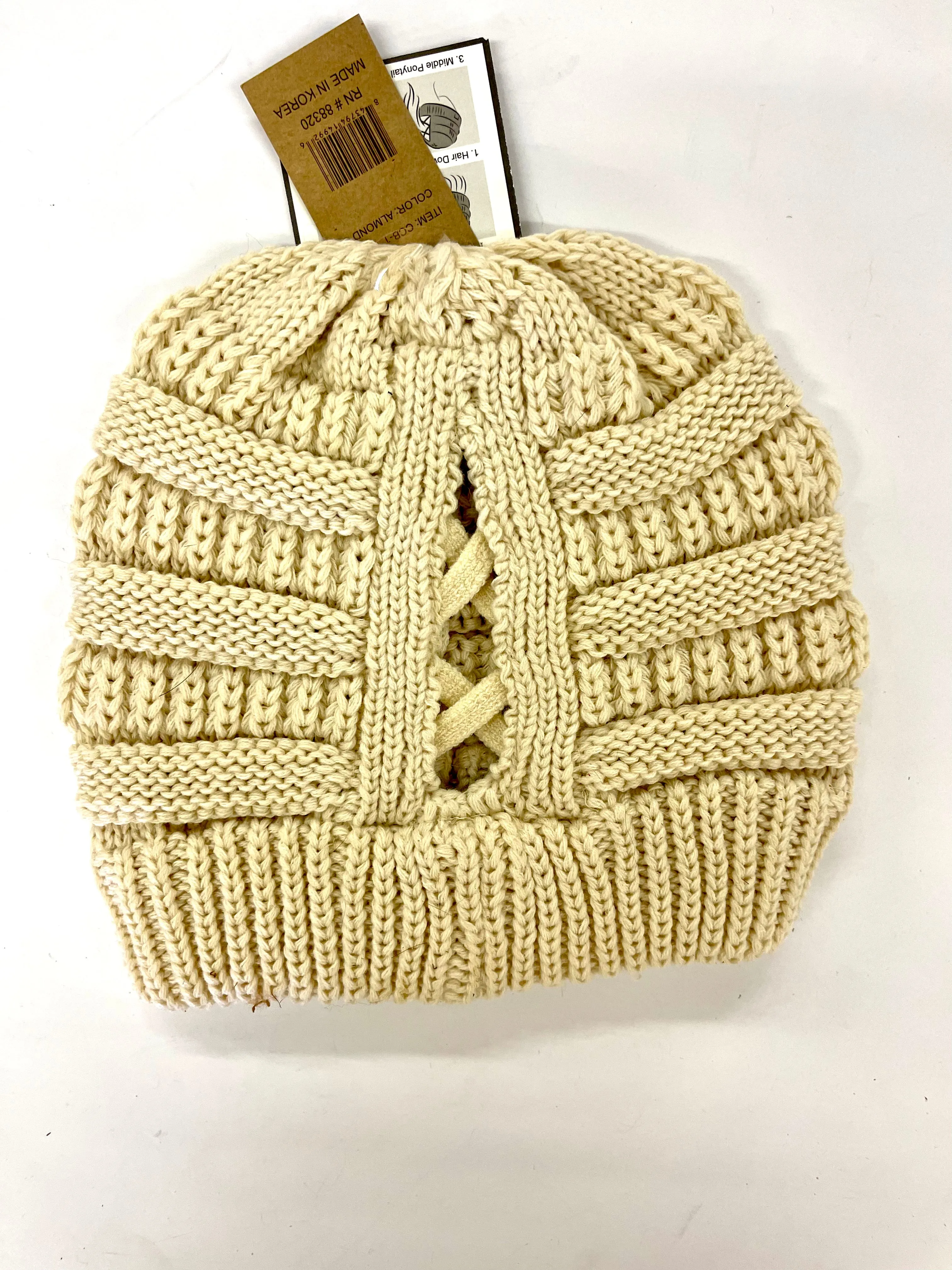 Cream Beanie (x-cross pony back) with brown patch antique hardware