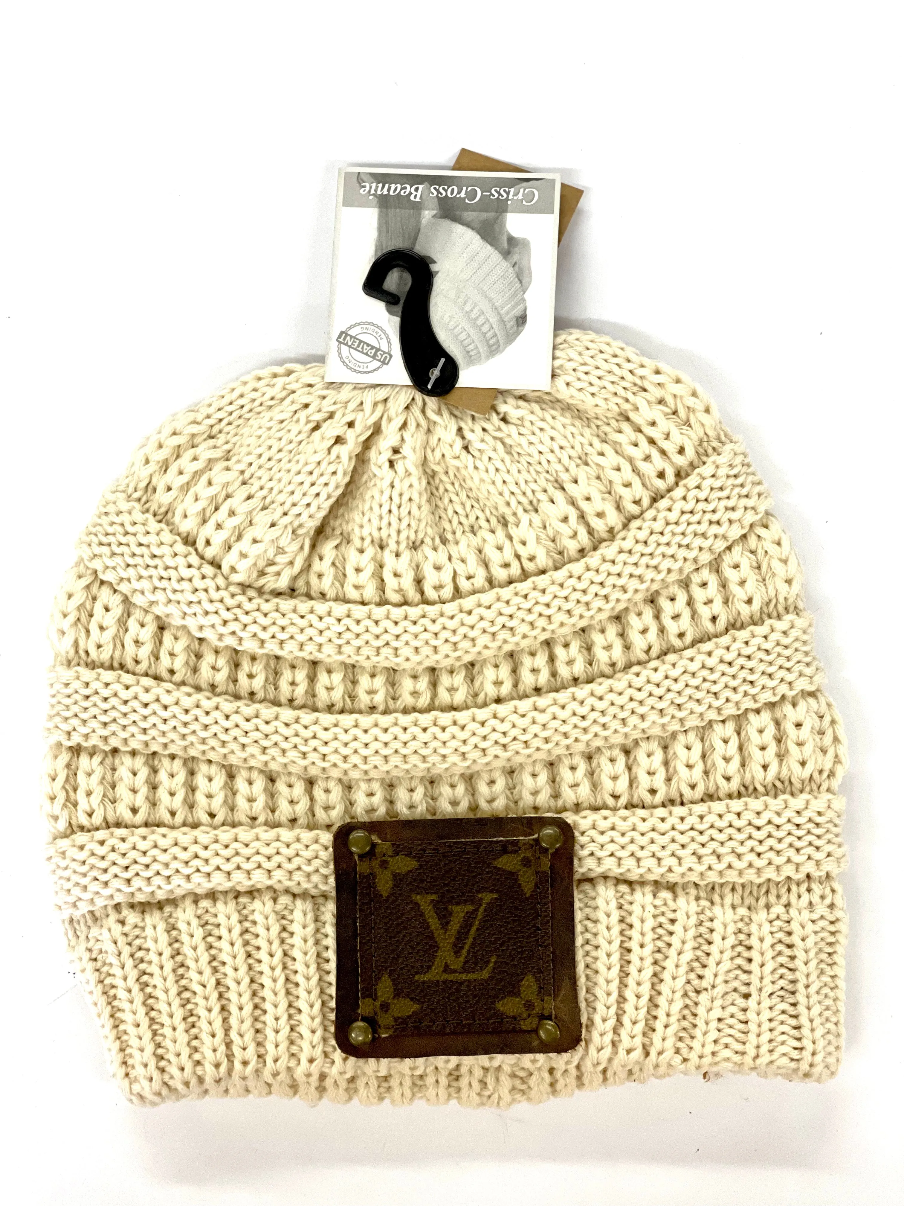 Cream Beanie (x-cross pony back) with brown patch antique hardware