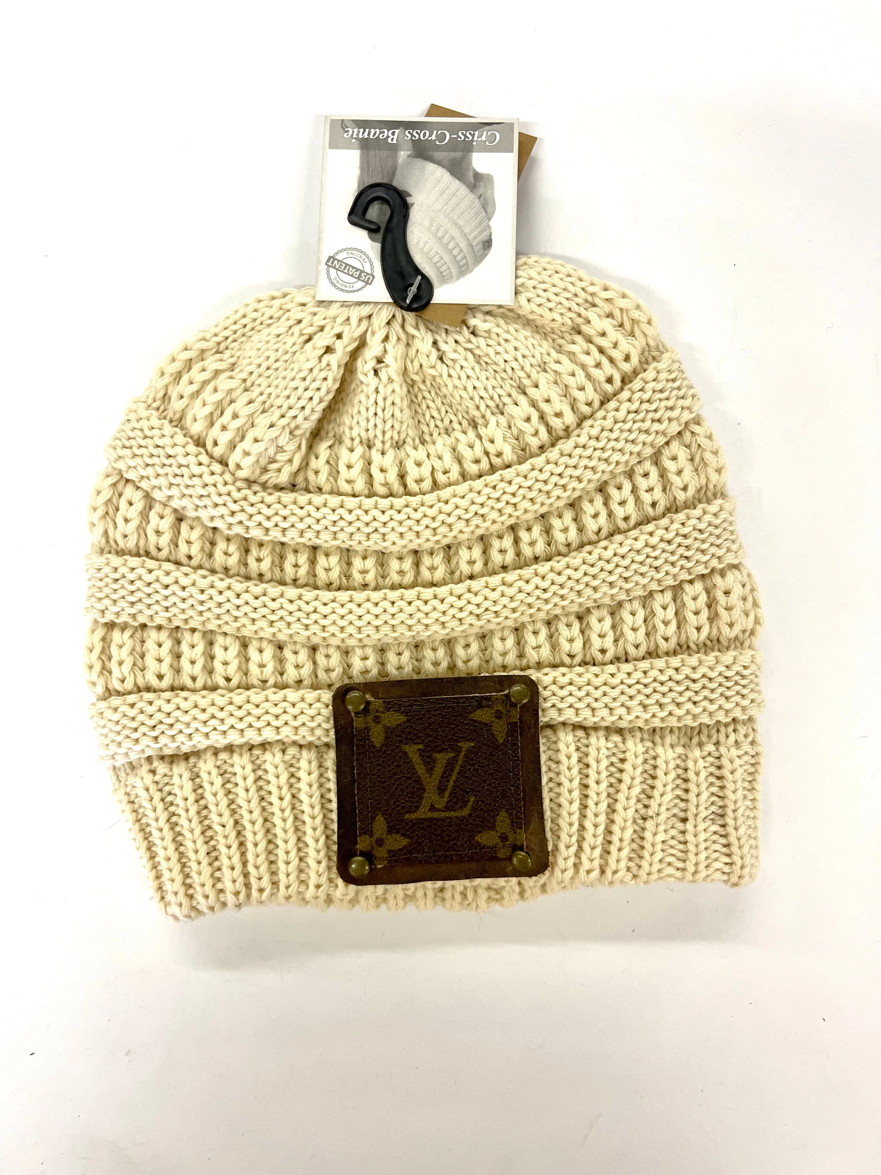 Cream Beanie (x-cross pony back) with brown patch antique hardware