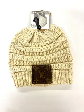 Cream Beanie (x-cross pony back) with brown patch antique hardware