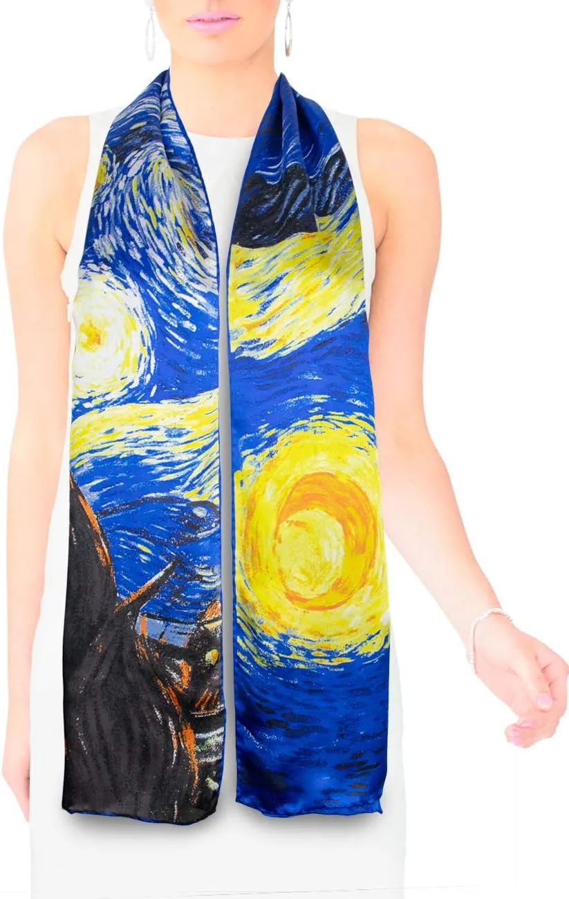 Dahlia Women's 100% Luxury Long Silk Scarf - Van Gogh's Art Collection