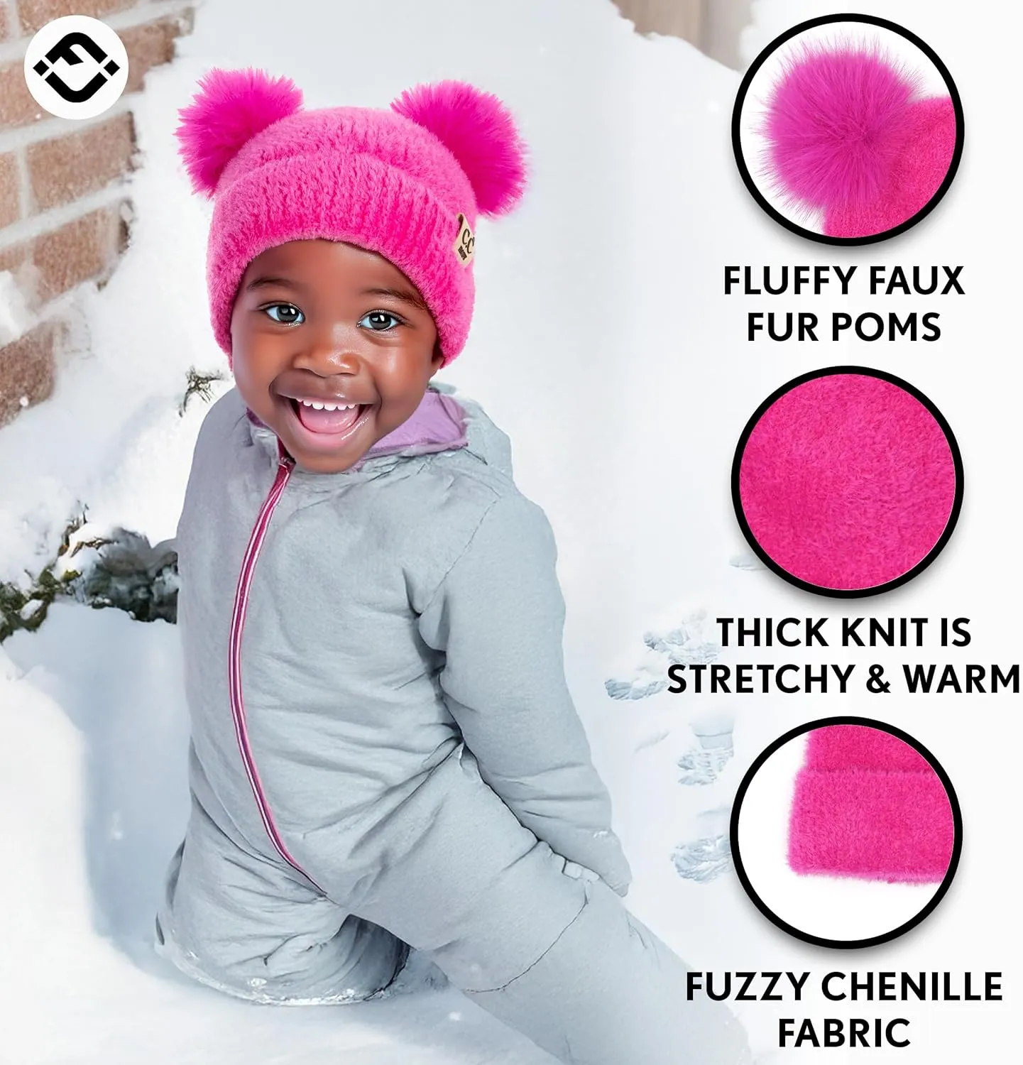 Funky Junque Baby Pom Pom Beanie, Warm Winter Hat for Infants and Toddlers, Chenille Double Pom Poms for Baby Girls & Boys