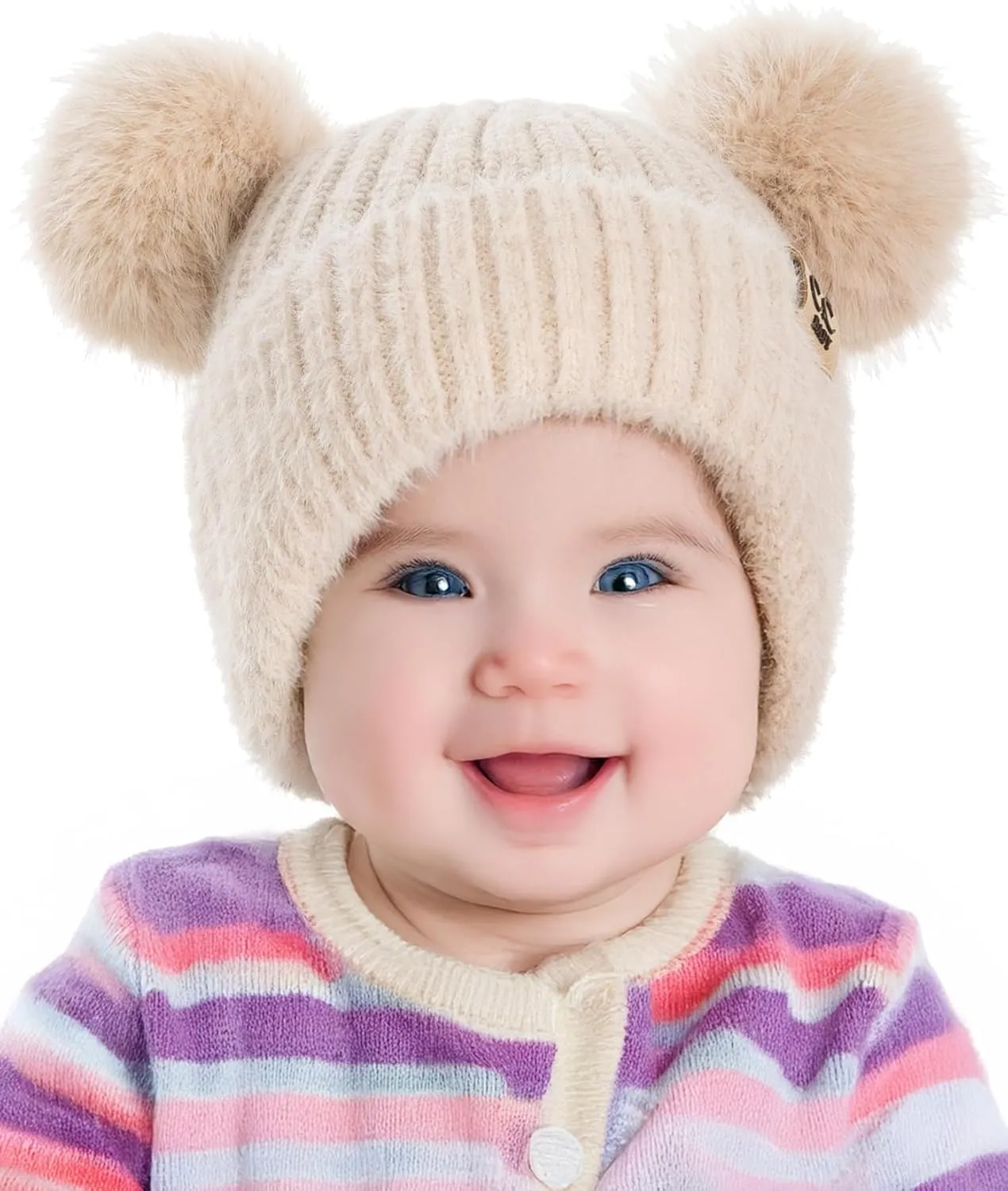 Funky Junque Baby Pom Pom Beanie, Warm Winter Hat for Infants and Toddlers, Chenille Double Pom Poms for Baby Girls & Boys