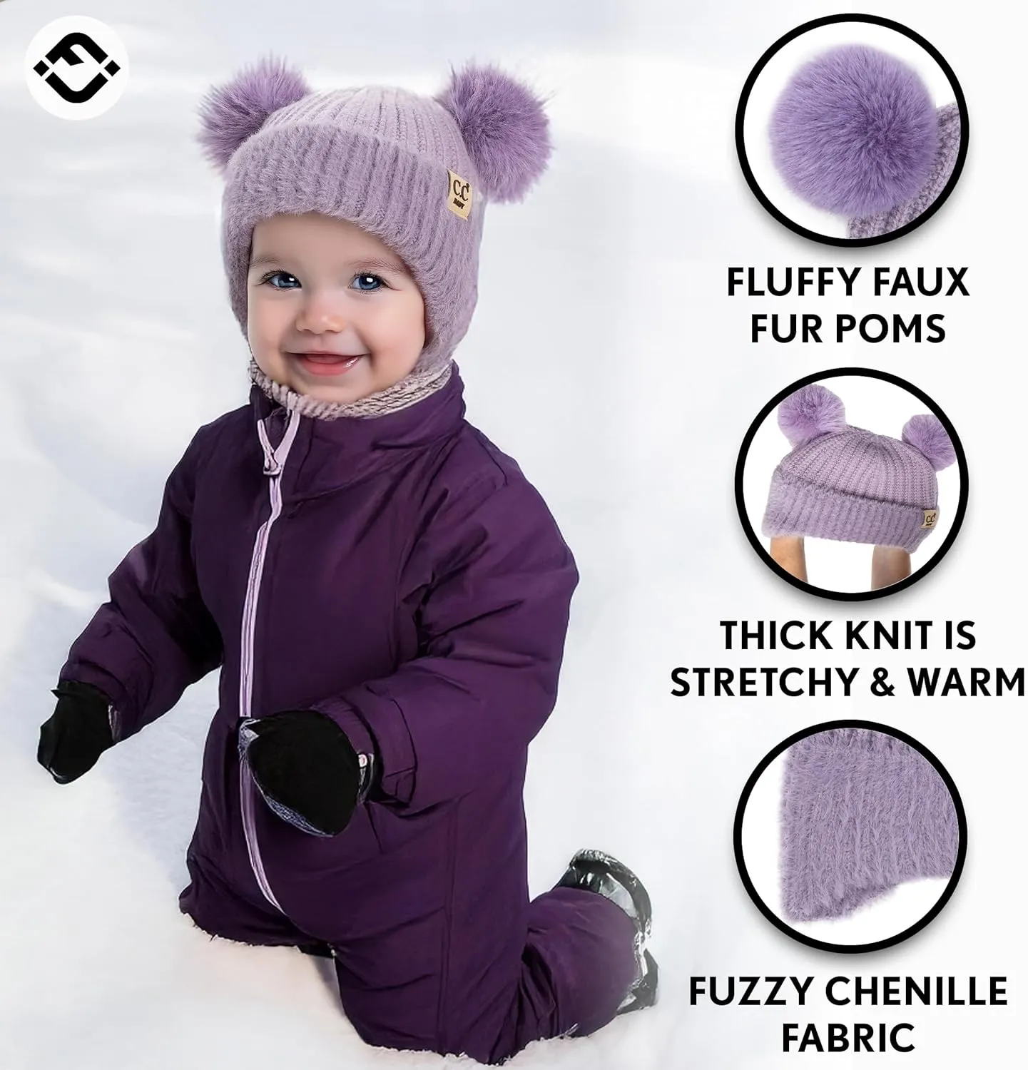 Funky Junque Baby Pom Pom Beanie, Warm Winter Hat for Infants and Toddlers, Chenille Double Pom Poms for Baby Girls & Boys
