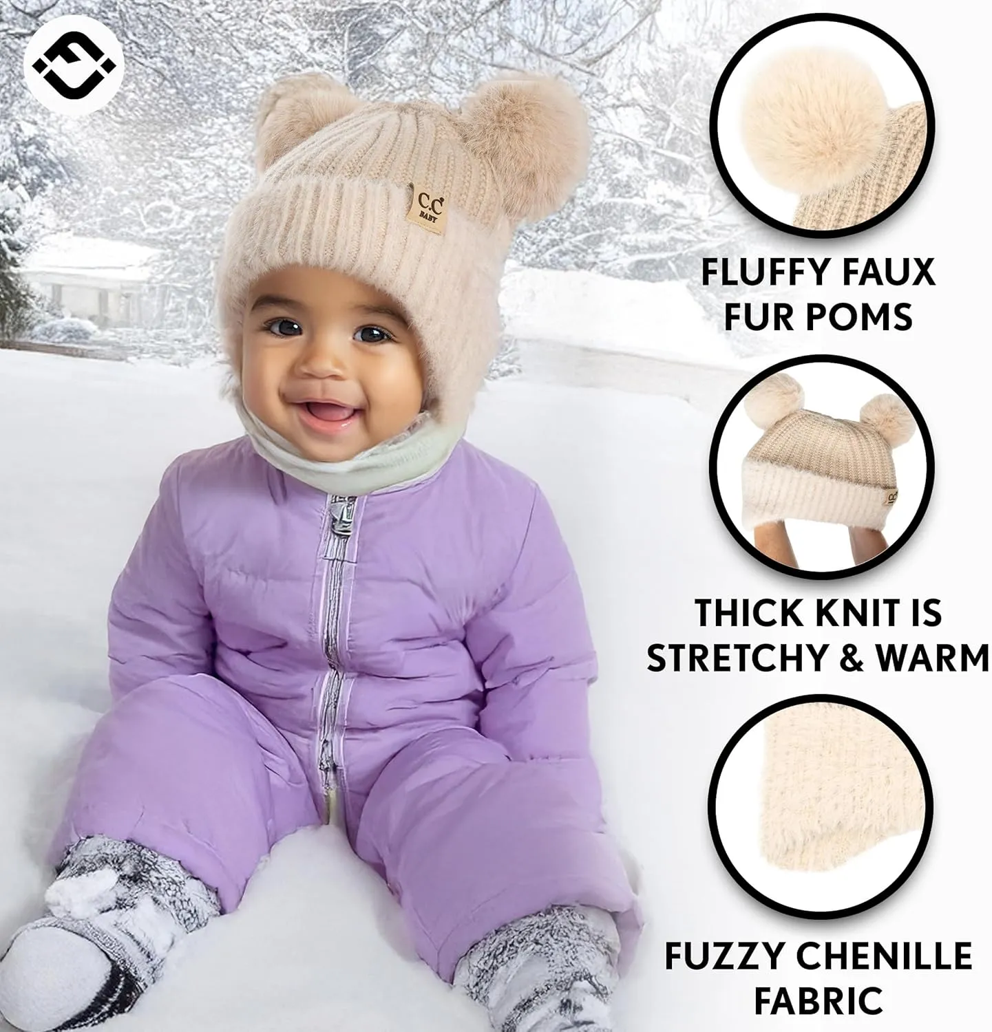 Funky Junque Baby Pom Pom Beanie, Warm Winter Hat for Infants and Toddlers, Chenille Double Pom Poms for Baby Girls & Boys