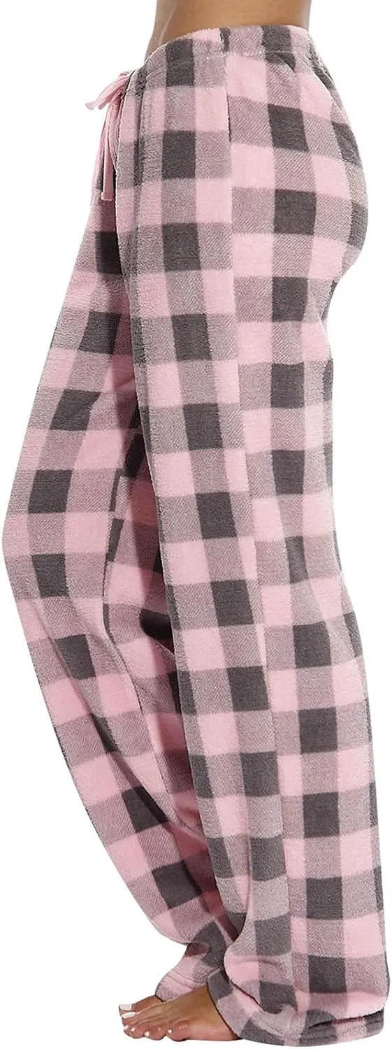 Fuzzy Flannel Pajama Pants Women Soft Fleece Plaid Pj Pants Winter Warm Lounge Pants High Waisted Wide Leg Pj Pants