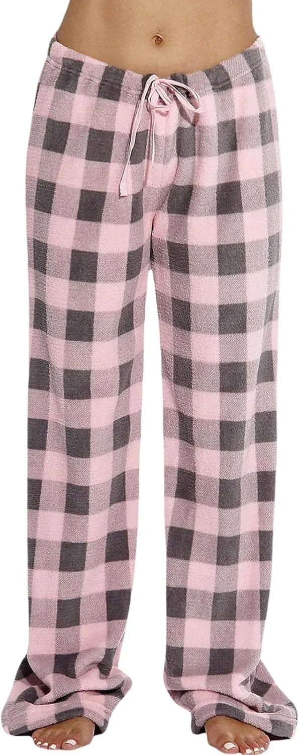 Fuzzy Flannel Pajama Pants Women Soft Fleece Plaid Pj Pants Winter Warm Lounge Pants High Waisted Wide Leg Pj Pants