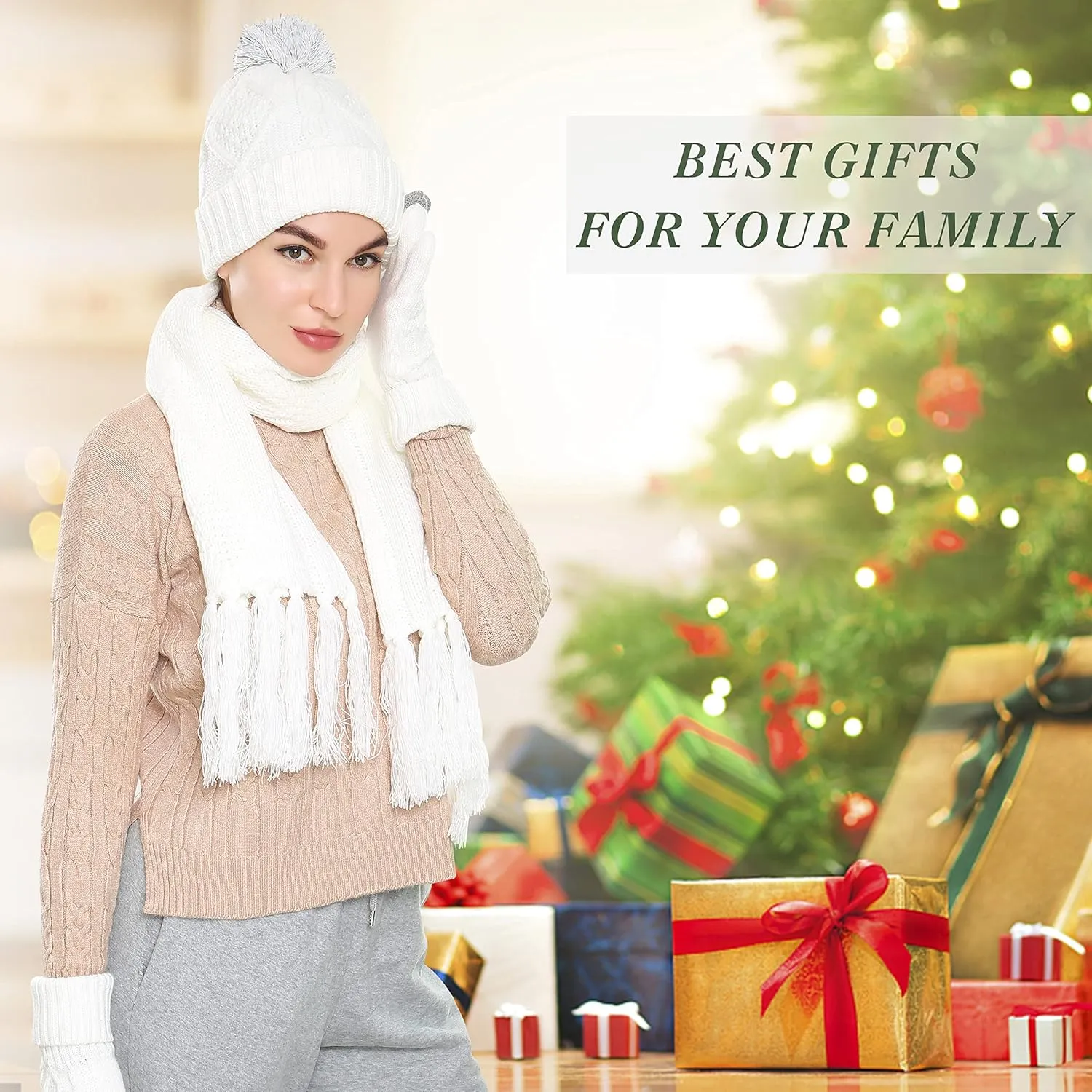 Hat Gloves Scarf Set for Women, Winter Beanie Warm Knit Pom Hat Touch Screen Glove Long Scarf 3pcs Winter Gift Set for Women