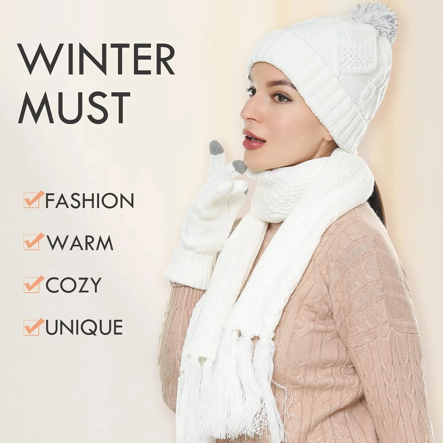 Hat Gloves Scarf Set for Women, Winter Beanie Warm Knit Pom Hat Touch Screen Glove Long Scarf 3pcs Winter Gift Set for Women