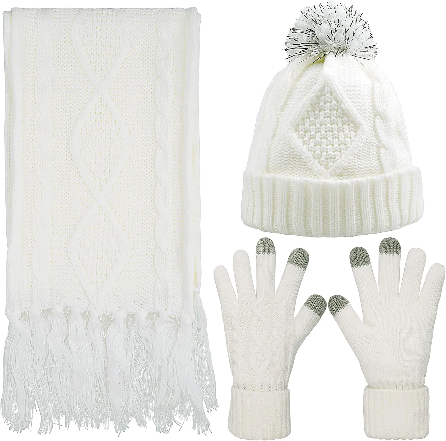 Hat Gloves Scarf Set for Women, Winter Beanie Warm Knit Pom Hat Touch Screen Glove Long Scarf 3pcs Winter Gift Set for Women