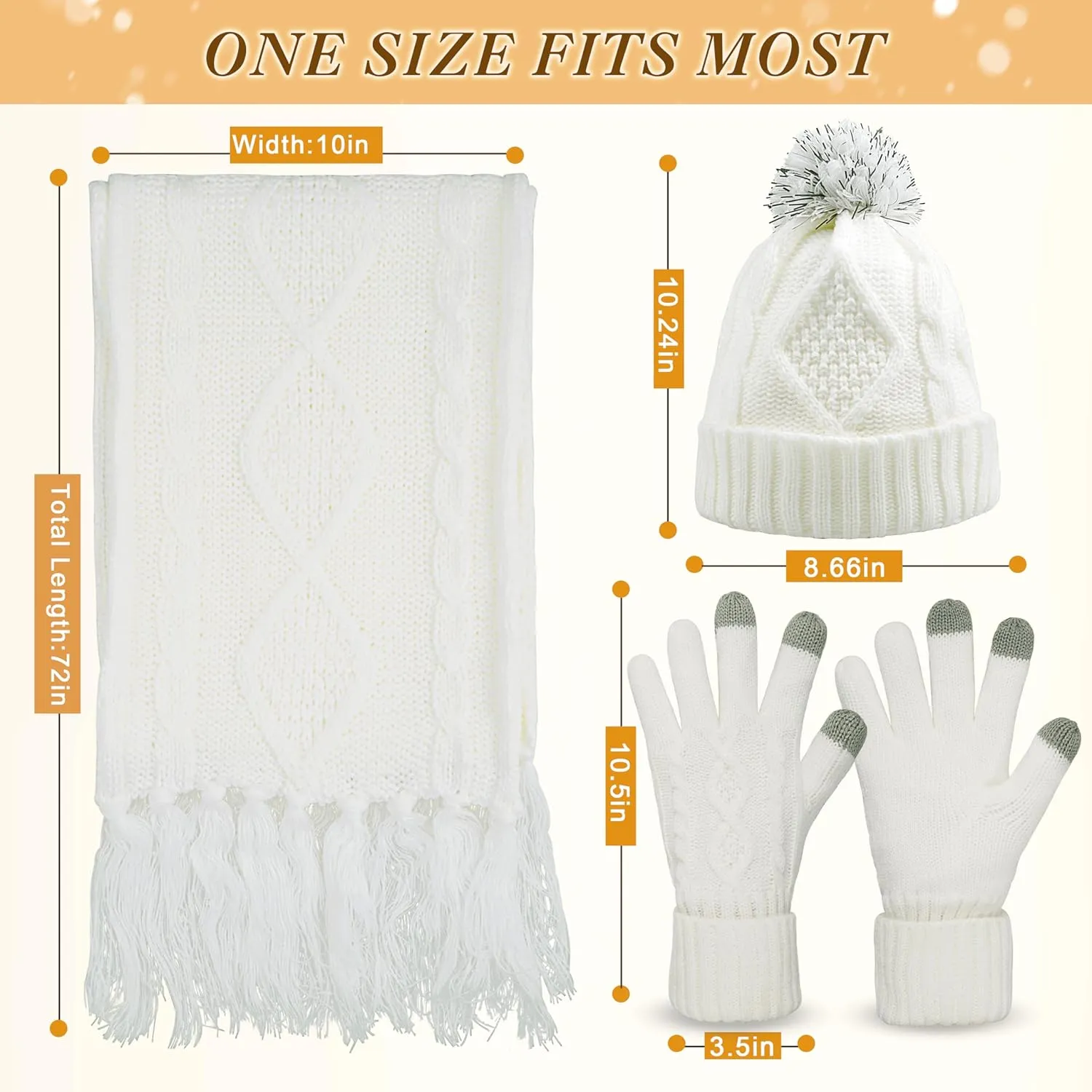 Hat Gloves Scarf Set for Women, Winter Beanie Warm Knit Pom Hat Touch Screen Glove Long Scarf 3pcs Winter Gift Set for Women
