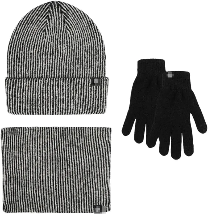 Hgvcfcv 3 Pieces Winter Knitted Hat Neck Warmer Touch Screen Glove Set Winter Beanie Men Outdoor Wool Hat Scarf Set