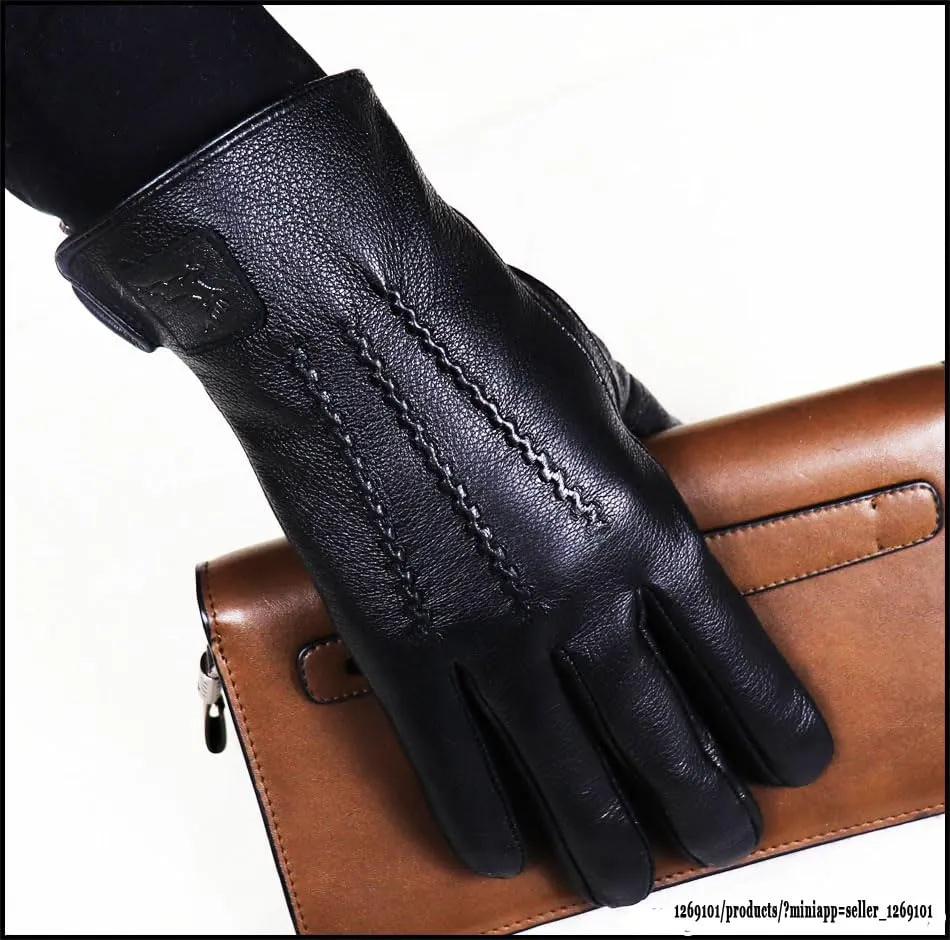 High-end Men's Leather Gloves Deer Skin Textured Goat Skin Gloves Thin Thick Autumn Winter Warmth Driving New