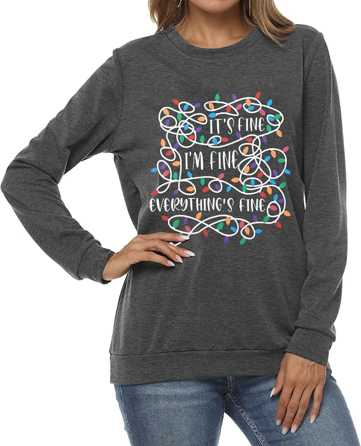 I'm Fine Everything's Fine Sweatshirt Womens Christmas Sweatshirt Lightweight Long Sleeve Shirt