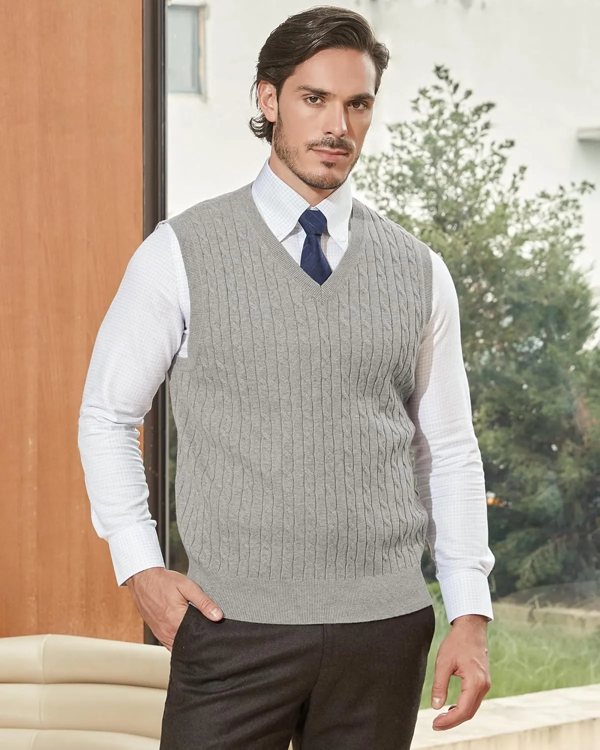 Kallspin Mens Cable Knit Sweater Vest Pure Cotton V-Neck Sleeveless Knitted Pullover for Fall Winter