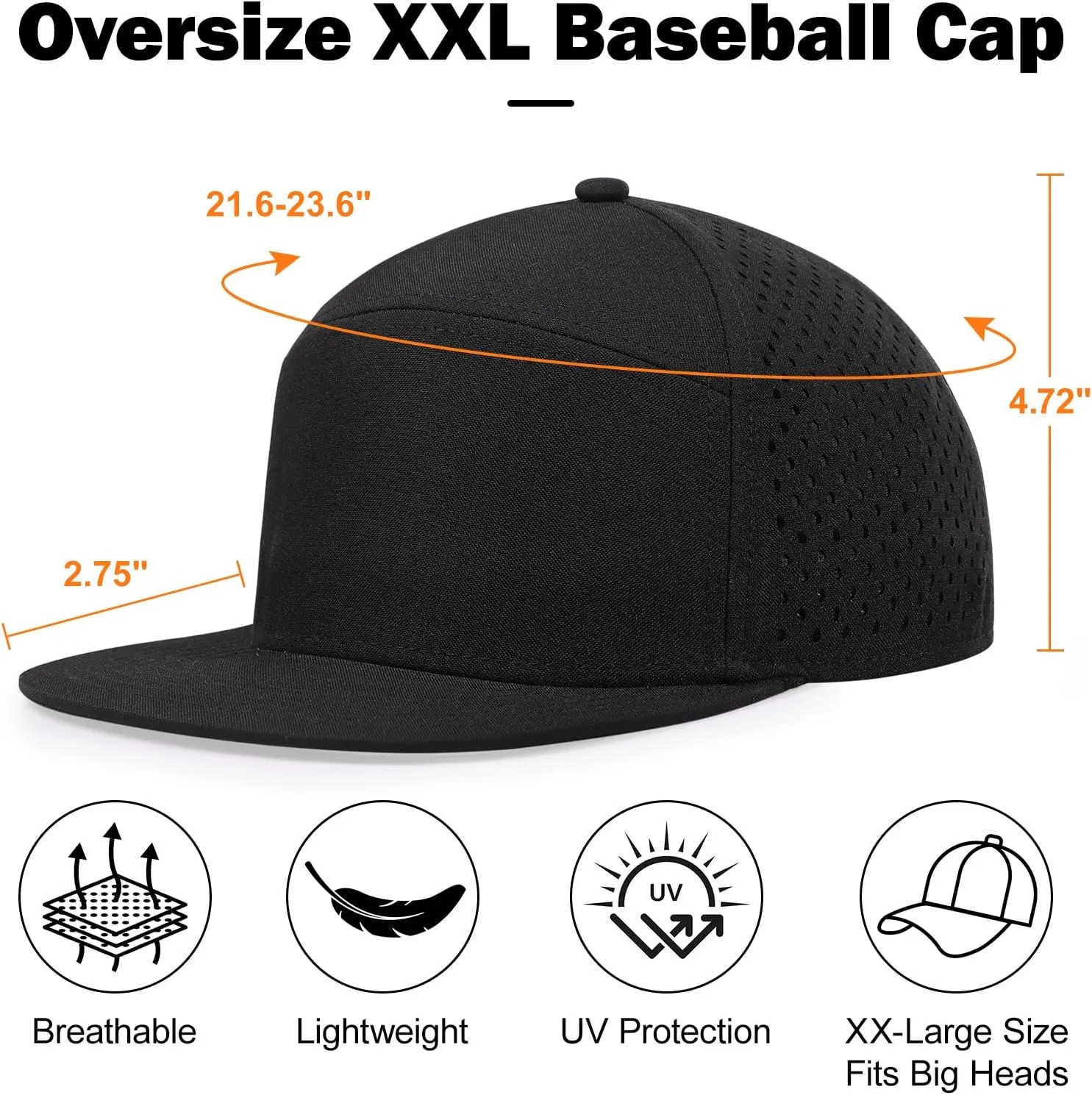 Men's Oversize XXL Flat Brim Baseball Cap Adjustable Performance Snapback Hat Laser Perforated Cap Plus Size for Big Head