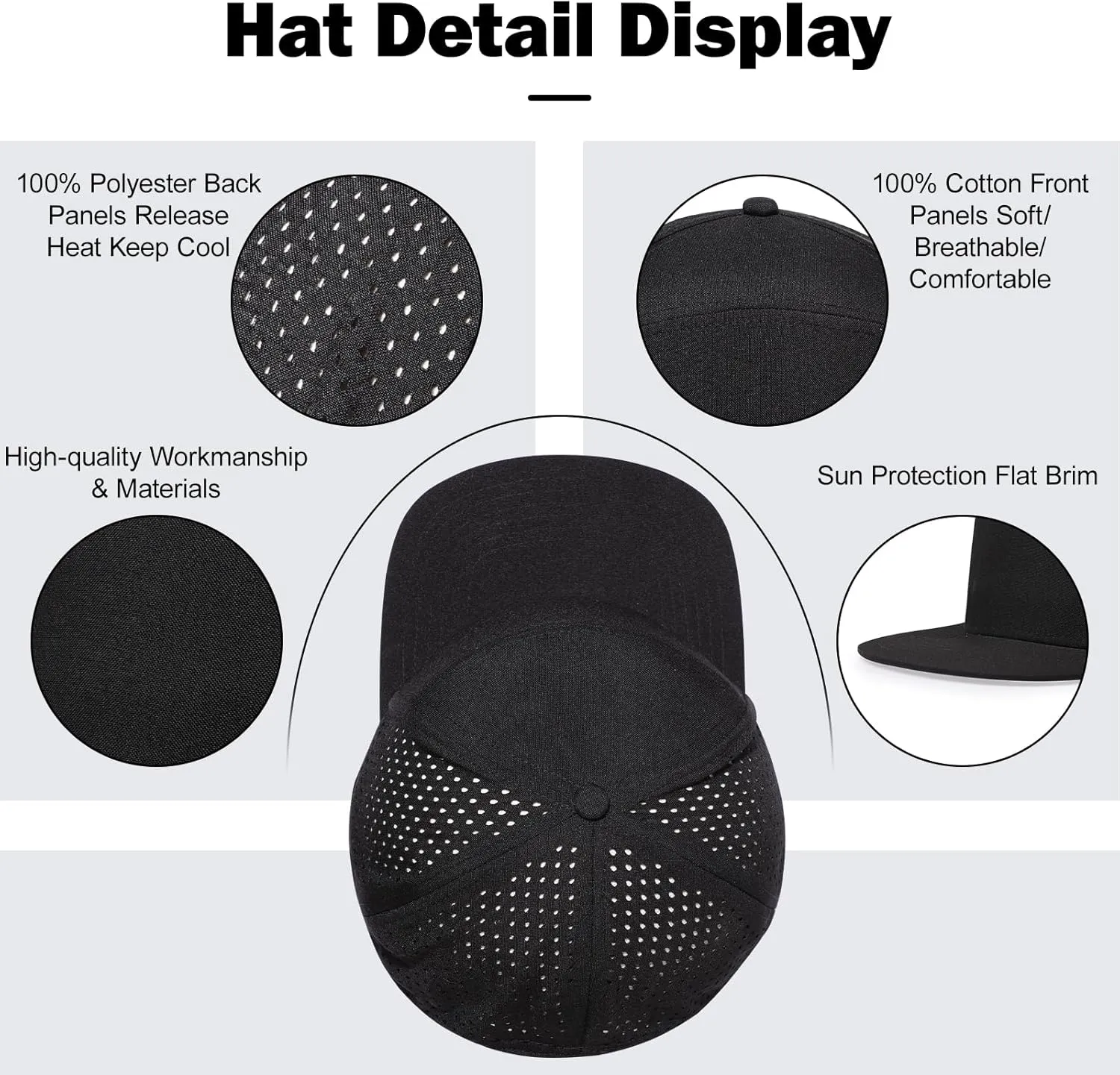Men's Oversize XXL Flat Brim Baseball Cap Adjustable Performance Snapback Hat Laser Perforated Cap Plus Size for Big Head