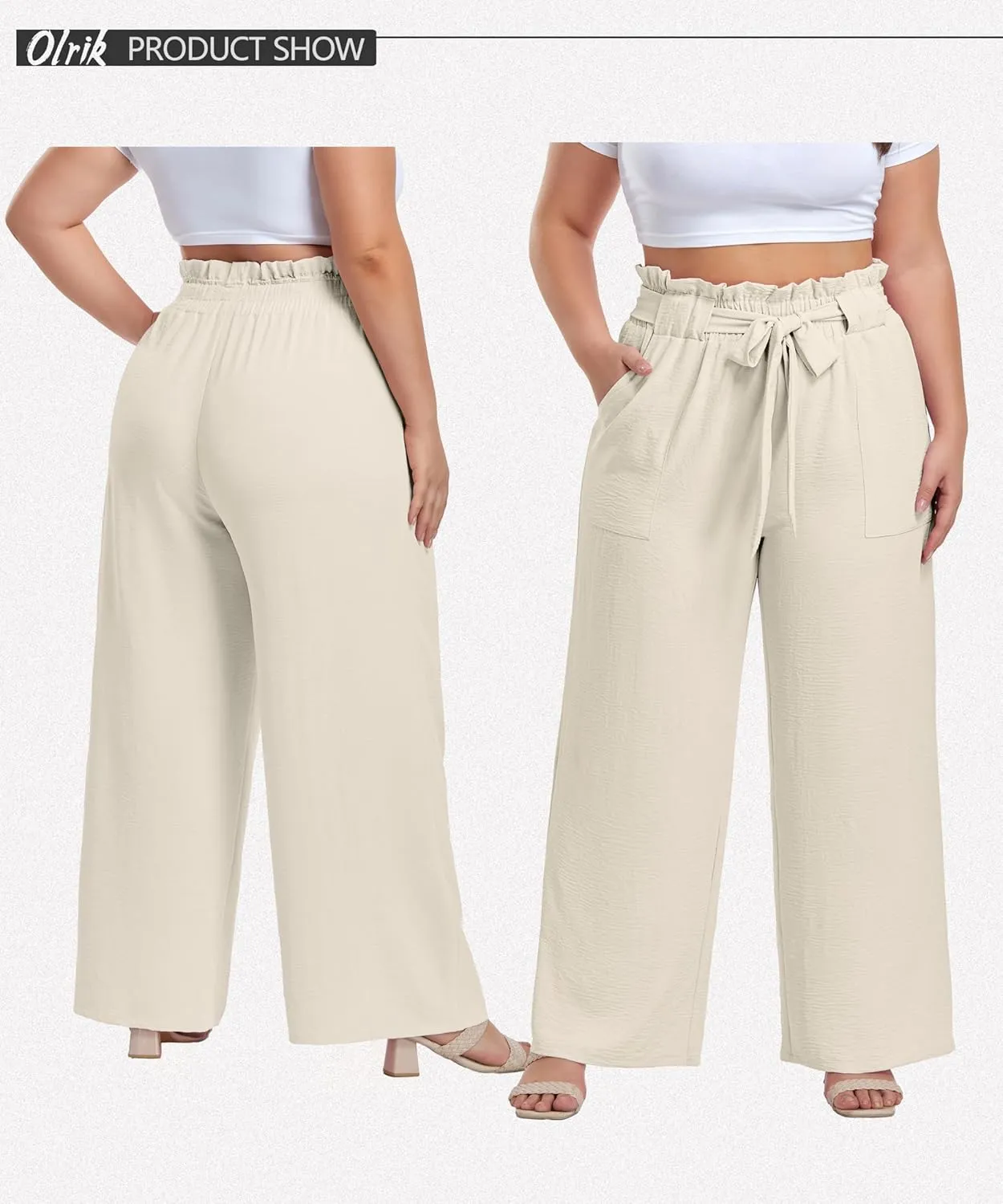 OLRIK Women's Casual Plus Size Pants High Waisted Self-tie Belted Lounge Pants Straight Long Trousers with Pockets