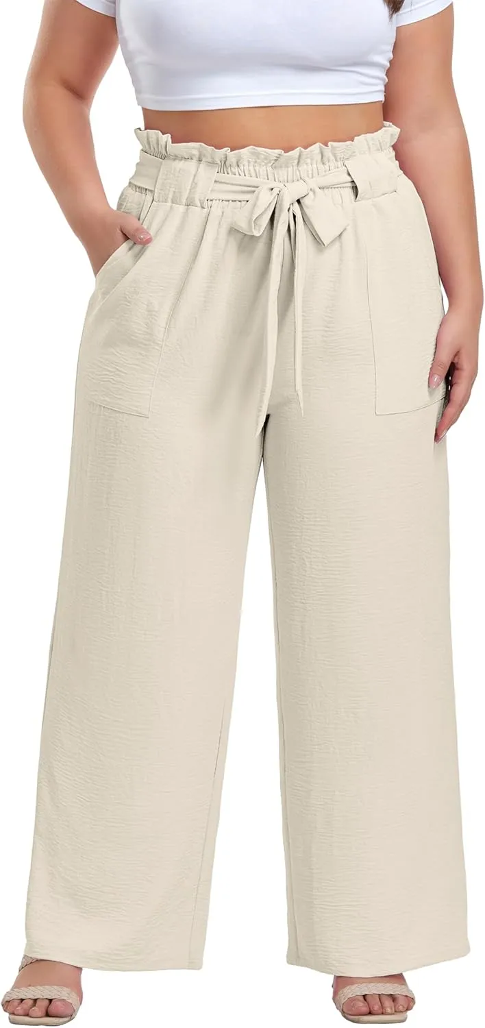 OLRIK Women's Casual Plus Size Pants High Waisted Self-tie Belted Lounge Pants Straight Long Trousers with Pockets