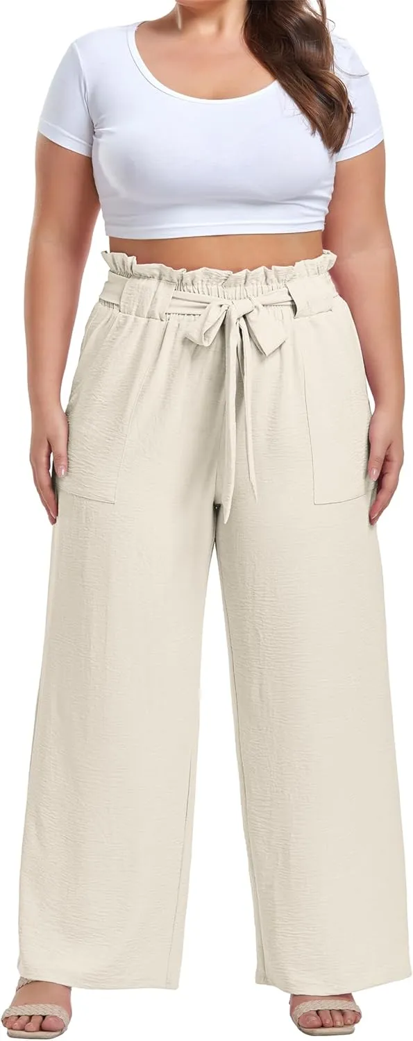 OLRIK Women's Casual Plus Size Pants High Waisted Self-tie Belted Lounge Pants Straight Long Trousers with Pockets
