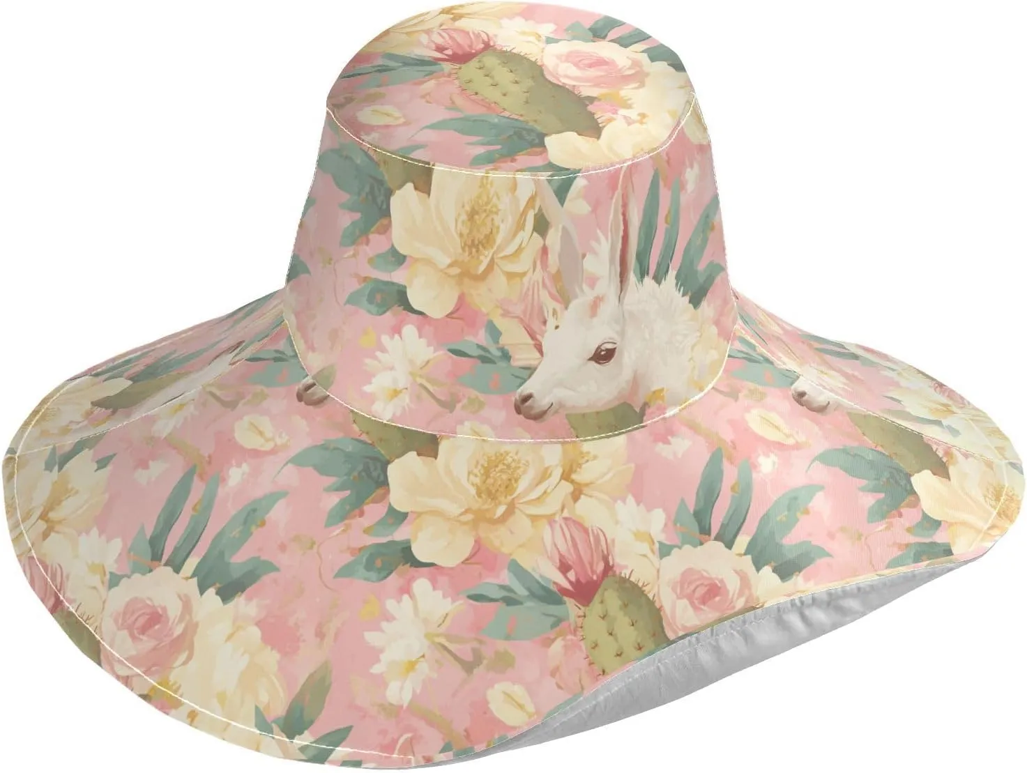 Pink White Romantic Roses Foldable Wide Brim Hats for Women for Beach Vacation Decorative Hats Wide Brim for Women Sun Protection Vacation Must Haves Sombrero Playa para Mujer