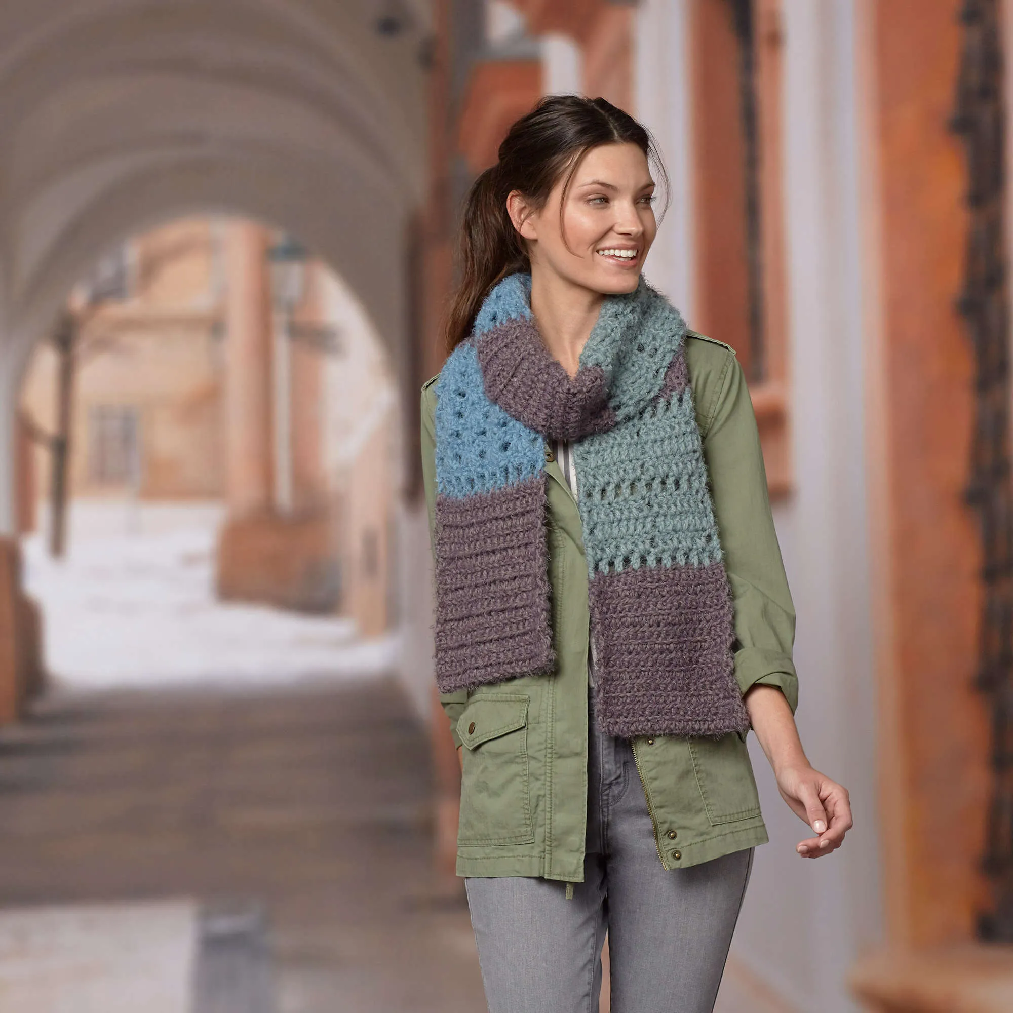 Red Heart Color-Block Crochet Scarf