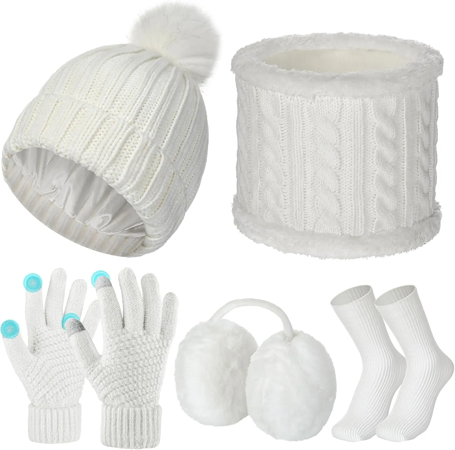 SATINIOR 5 Pcs Winter Hat Scarf Gloves Set Knit Satin Lined Pompom Beanie Warm Touchscreen Gloves Earmuff Warmer for Women