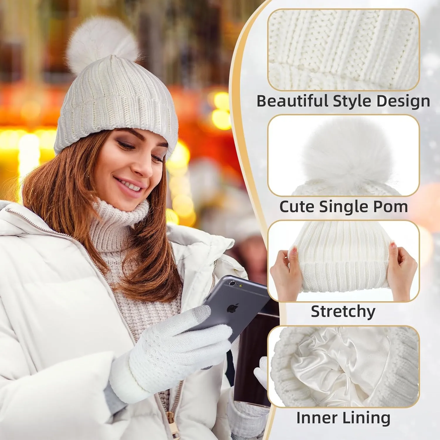 SATINIOR 5 Pcs Winter Hat Scarf Gloves Set Knit Satin Lined Pompom Beanie Warm Touchscreen Gloves Earmuff Warmer for Women