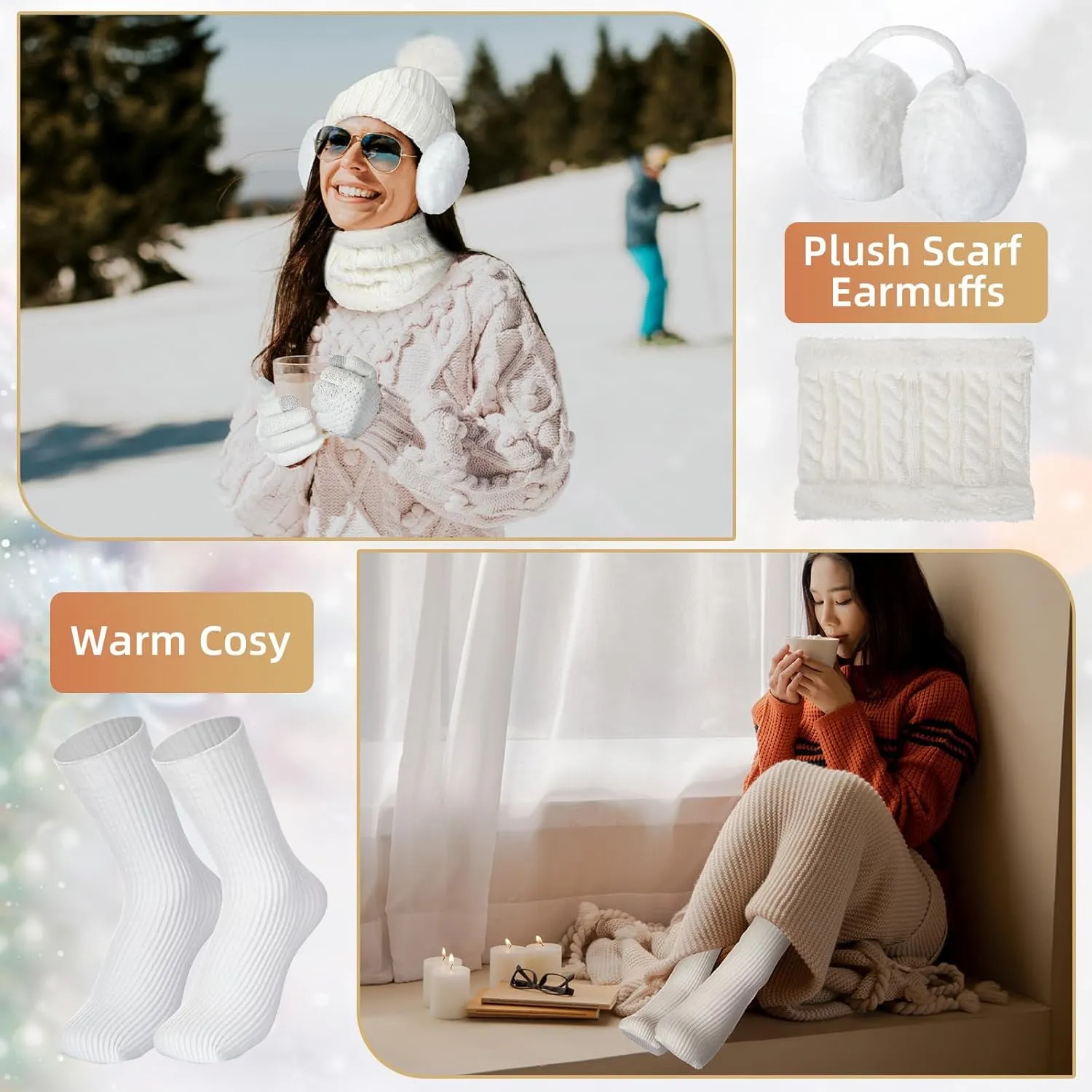 SATINIOR 5 Pcs Winter Hat Scarf Gloves Set Knit Satin Lined Pompom Beanie Warm Touchscreen Gloves Earmuff Warmer for Women