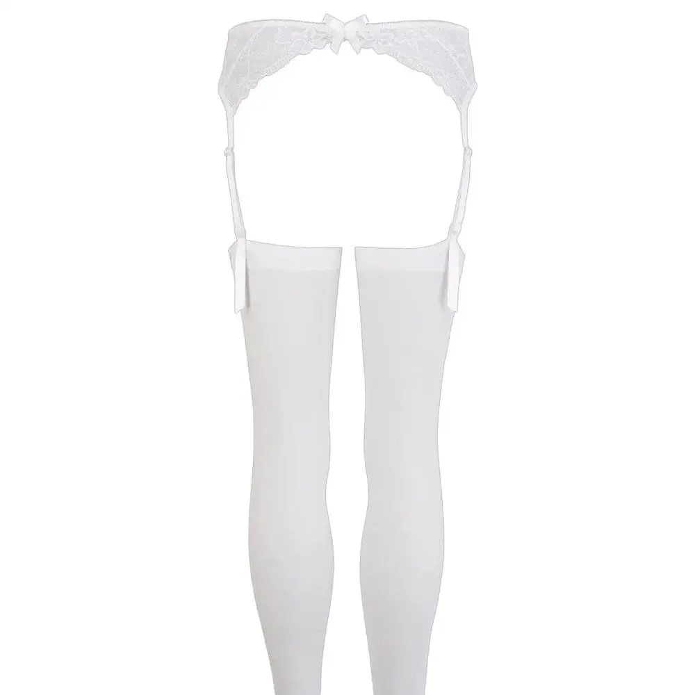 Wet Look White Lace Suspender Stockings with Adjustable Straps