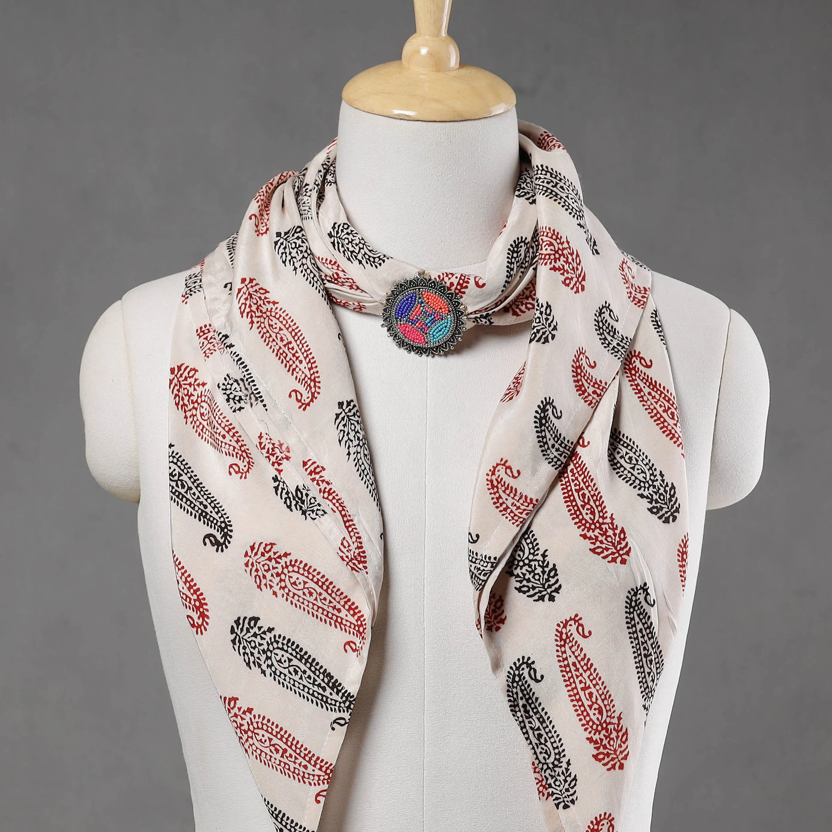 White - Modal Silk Bagh Block Printing Pendant Necklace Scarf