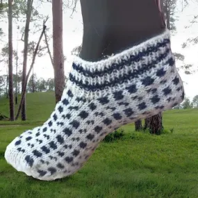 White Woollen Socks | Hand Knitted with Black Colour Pop | Unisex