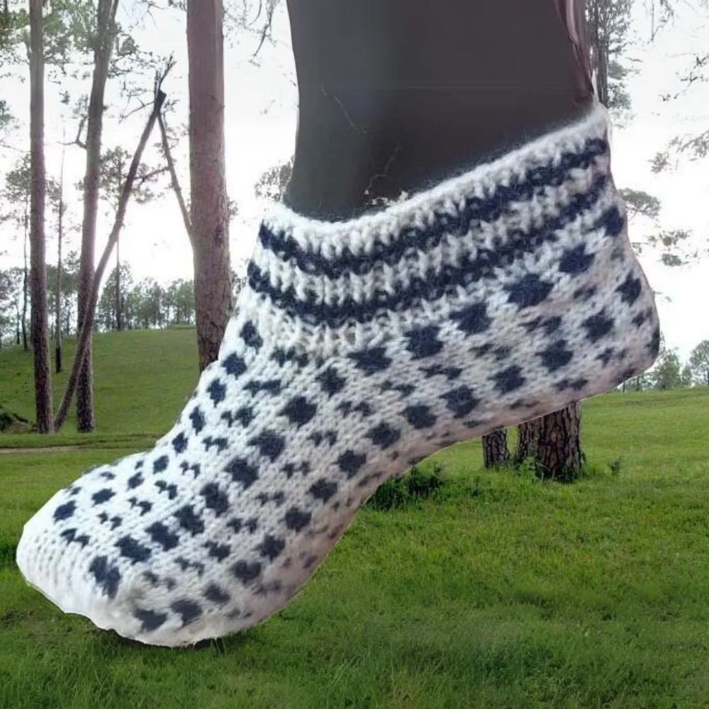 White Woollen Socks | Hand Knitted with Black Colour Pop | Unisex