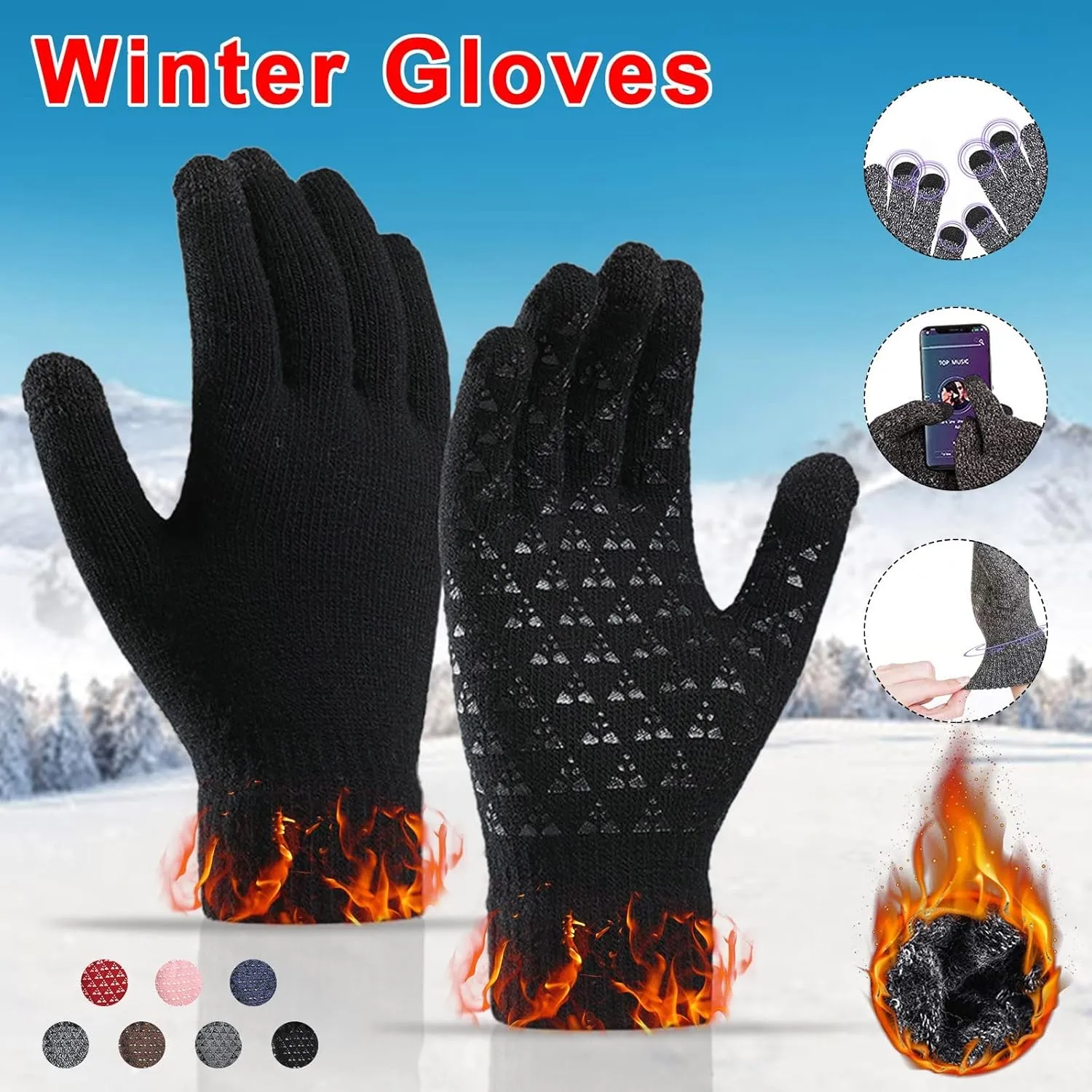 Winter Gloves Men,Full Fingers Touch Screen Thermal Knit Lining Warm Gloves for Cold Weather Hiking Driving Kids