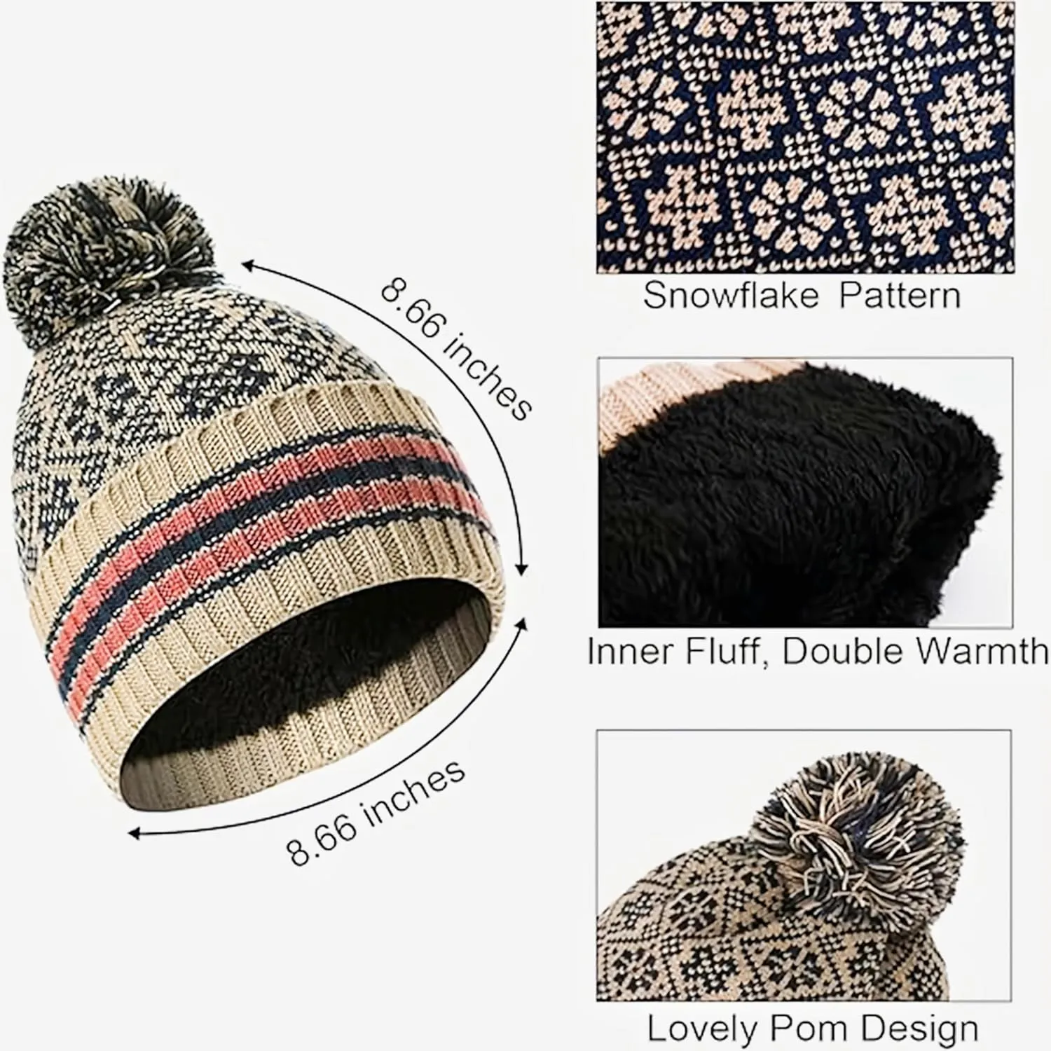 Women Beanie Hat Scarf Gloves Set, Knitted Beanie Hat with Pom Pom Long Scarf Warmer Gloves, Touchscreen Set for Cold Weather