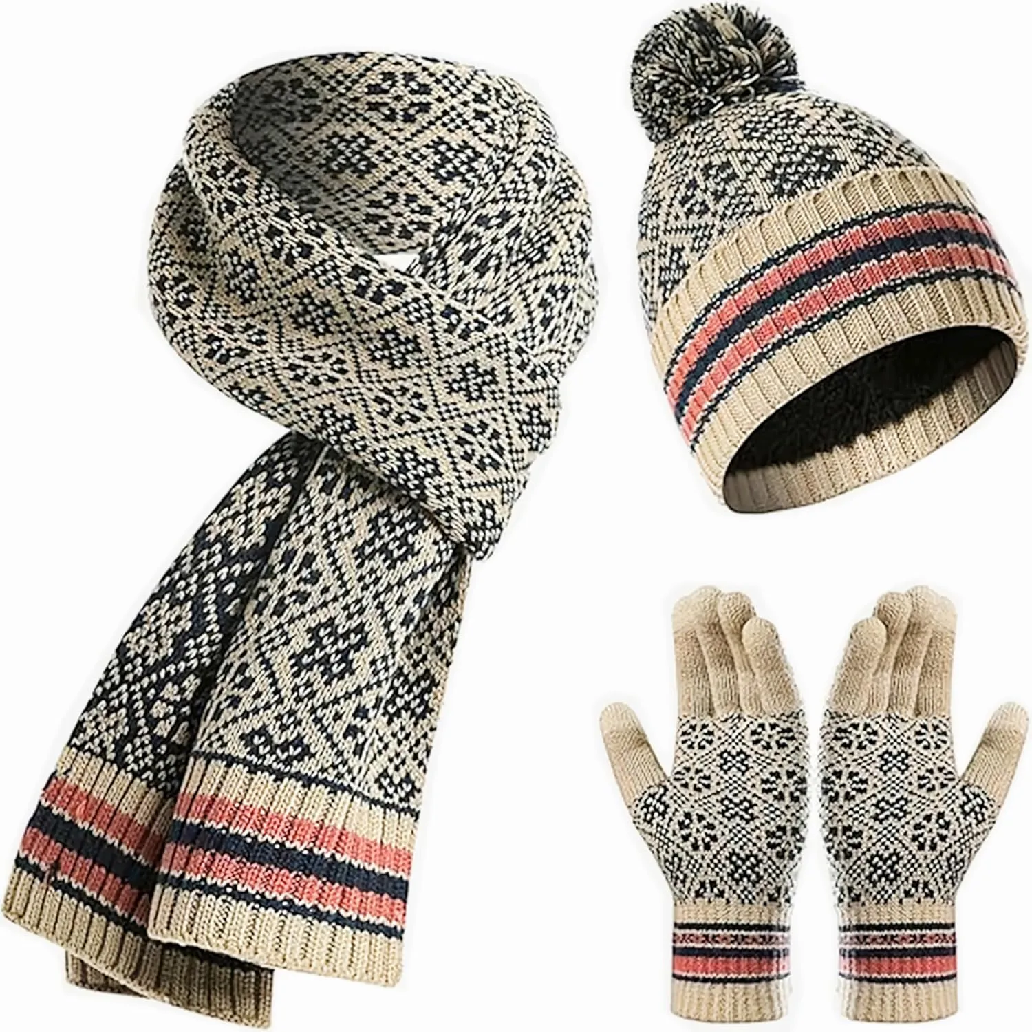Women Beanie Hat Scarf Gloves Set, Knitted Beanie Hat with Pom Pom Long Scarf Warmer Gloves, Touchscreen Set for Cold Weather