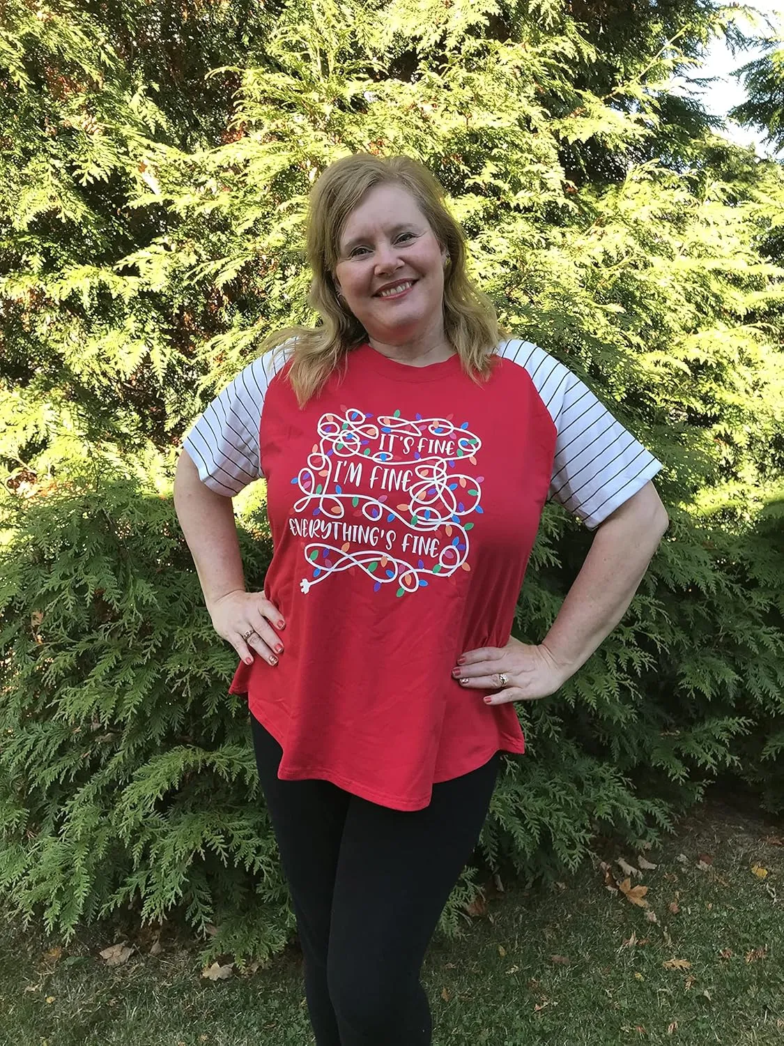 Women Plus Size I'm Fine Everything is Fine Shirt Funny Tangled Christmas Lights Striped Short Sleeve Oversized Tee Tops