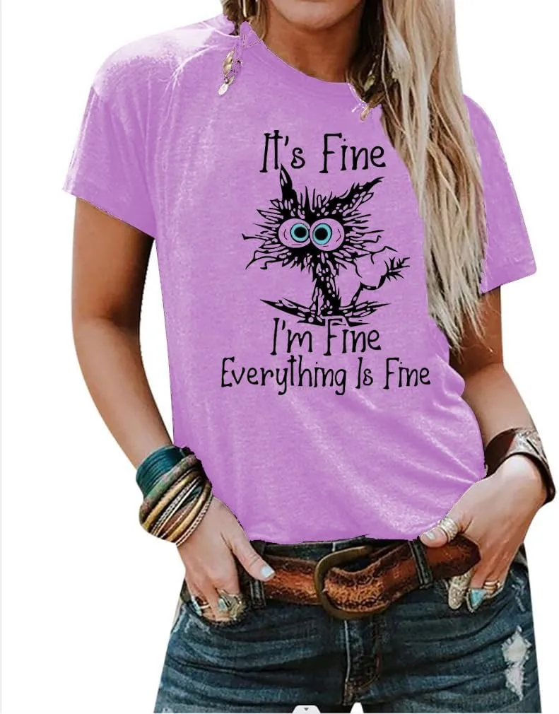 Women's I'm Fine Everything is Fine T-Shirts Short Sleeve Sayings Oversized Casual Cute Cat Graphic Tee Blouse Tops